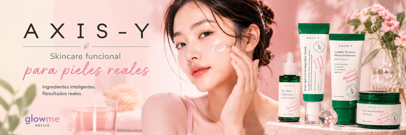 Banner de AXIS-Y en Glowme México con skincare coreano funcional para pieles reales