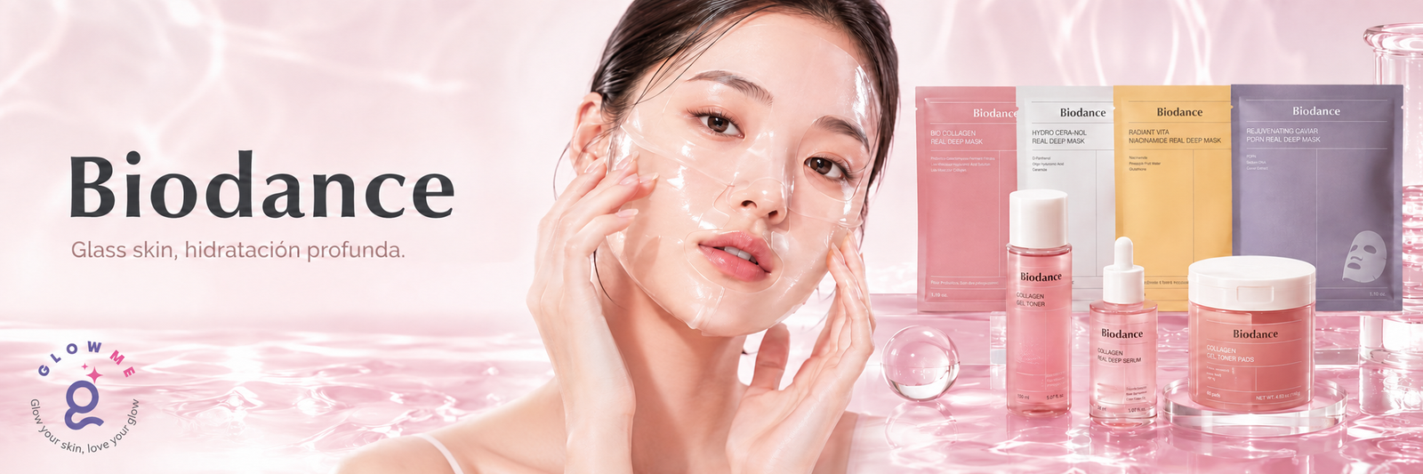 Banner de Biodance en Glowme México con mascarillas de hidrogel y skincare coreano para efecto glass skin