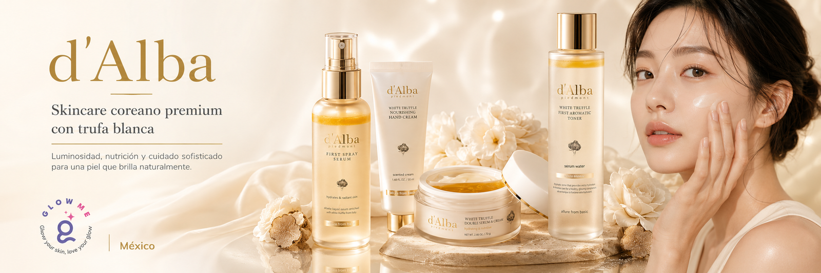 Banner de d’Alba en Glowme México con skincare coreano premium de trufa blanca para una piel luminosa y elegante