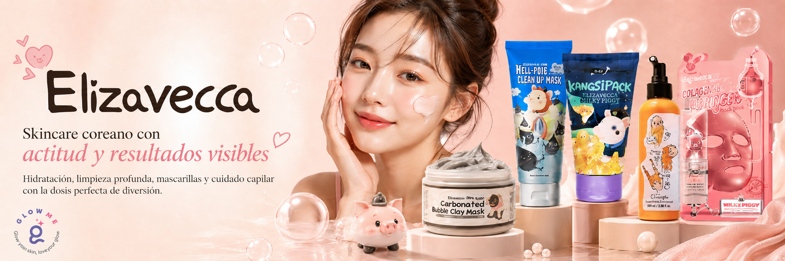Banner de Elizavecca en Glowme México con skincare coreano divertido para limpieza, hidratación y cuidado facial