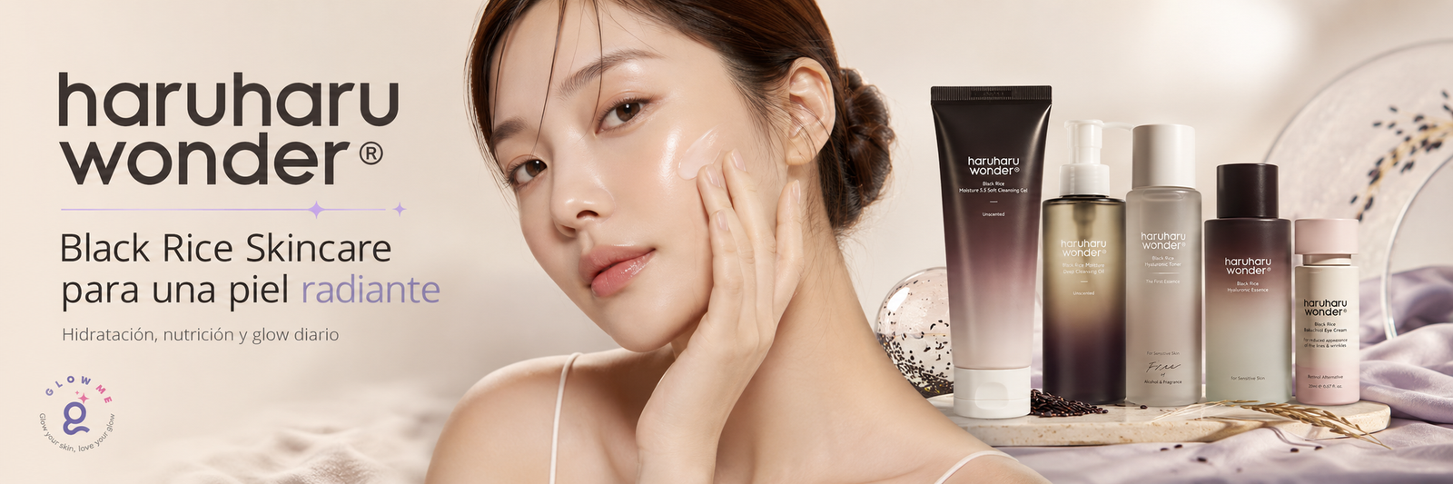 Banner de haruharu wonder en Glowme México con skincare coreano de arroz negro para una piel radiante