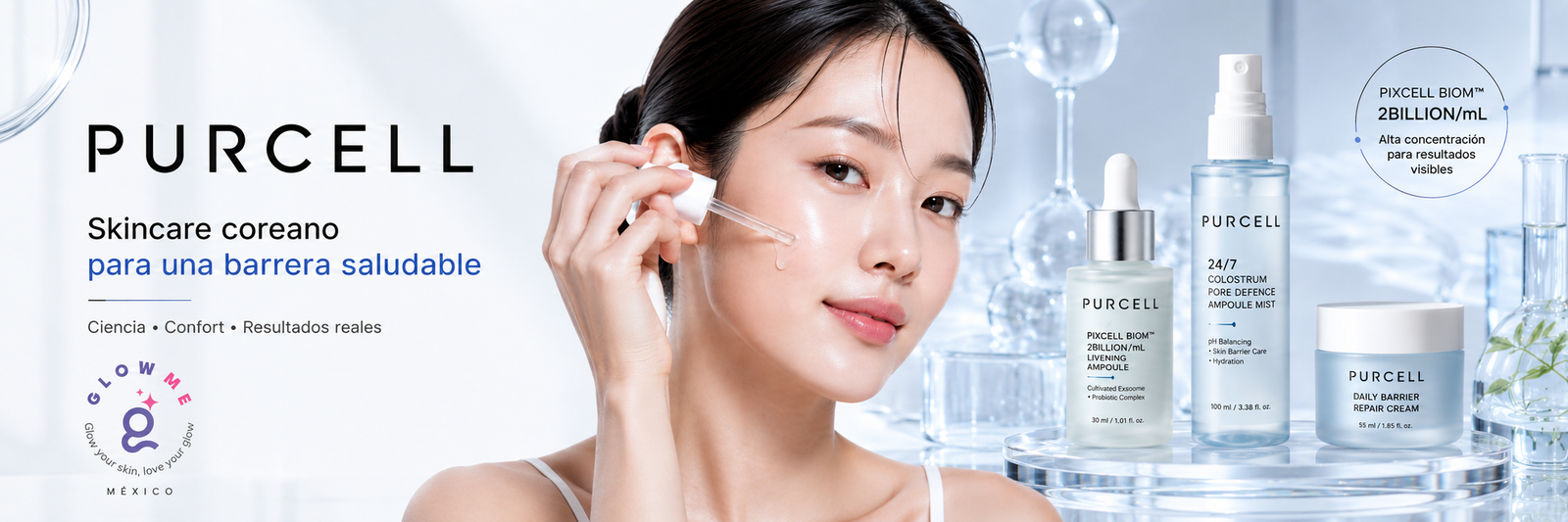 Productos PURCELL en Glowme México con Pixcell Biom, probióticos, glutatión y skincare coreano