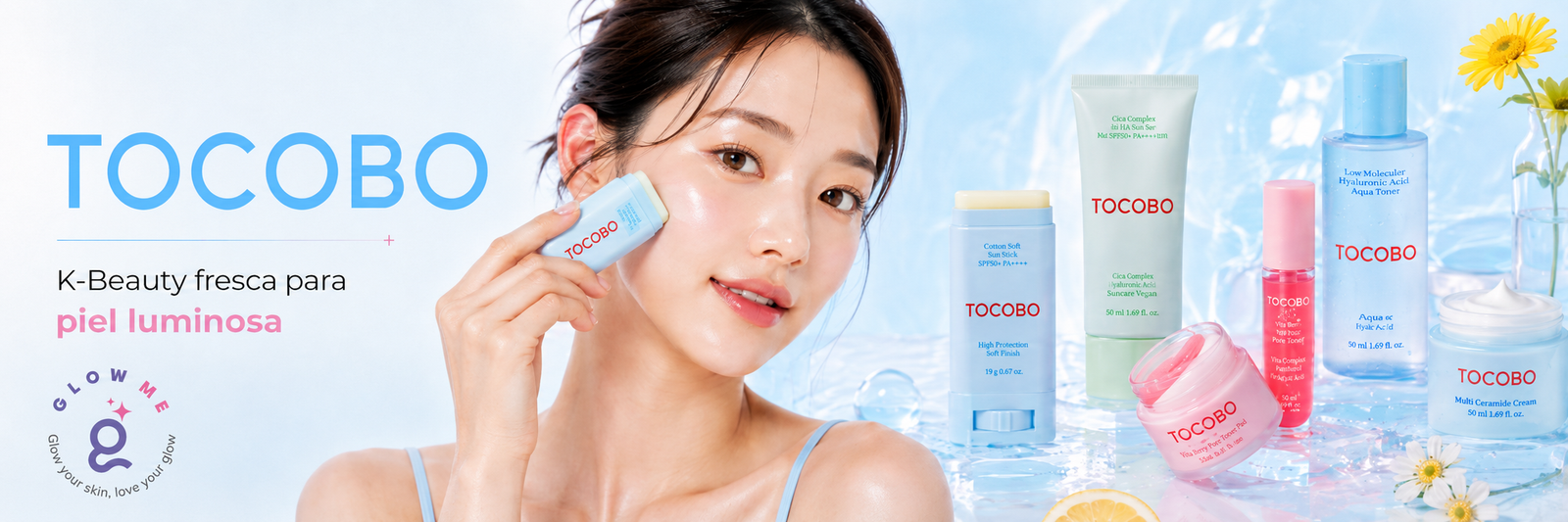 Productos TOCOBO Bio Watery Sun Cream, Cotton Soft Sun Stick y skincare coreano en Glowme México
