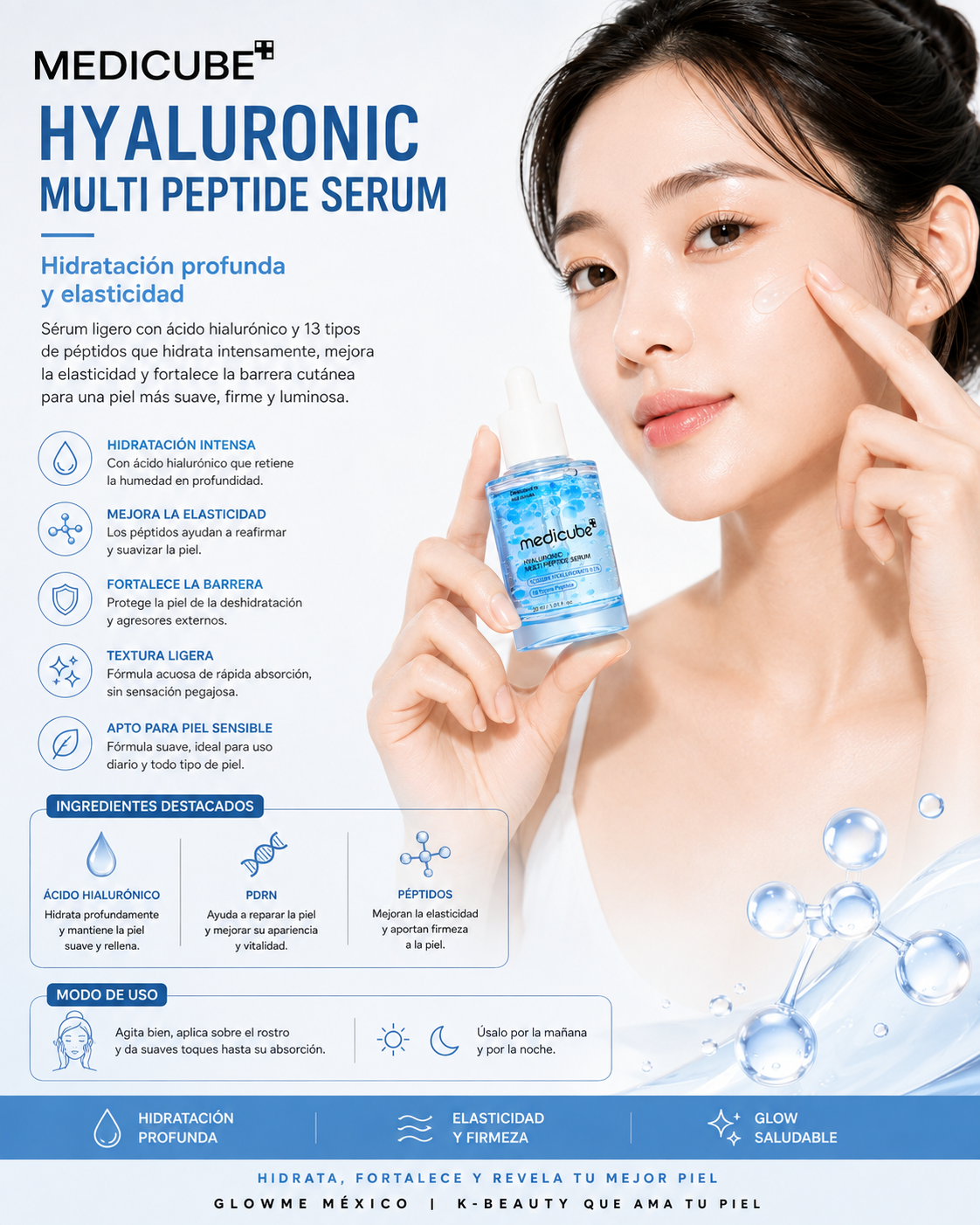 MEDICUBE HYALURONIC MULTI PEPTIDE SERUM 30ML con modelo y beneficios de luminosidad y hidratación