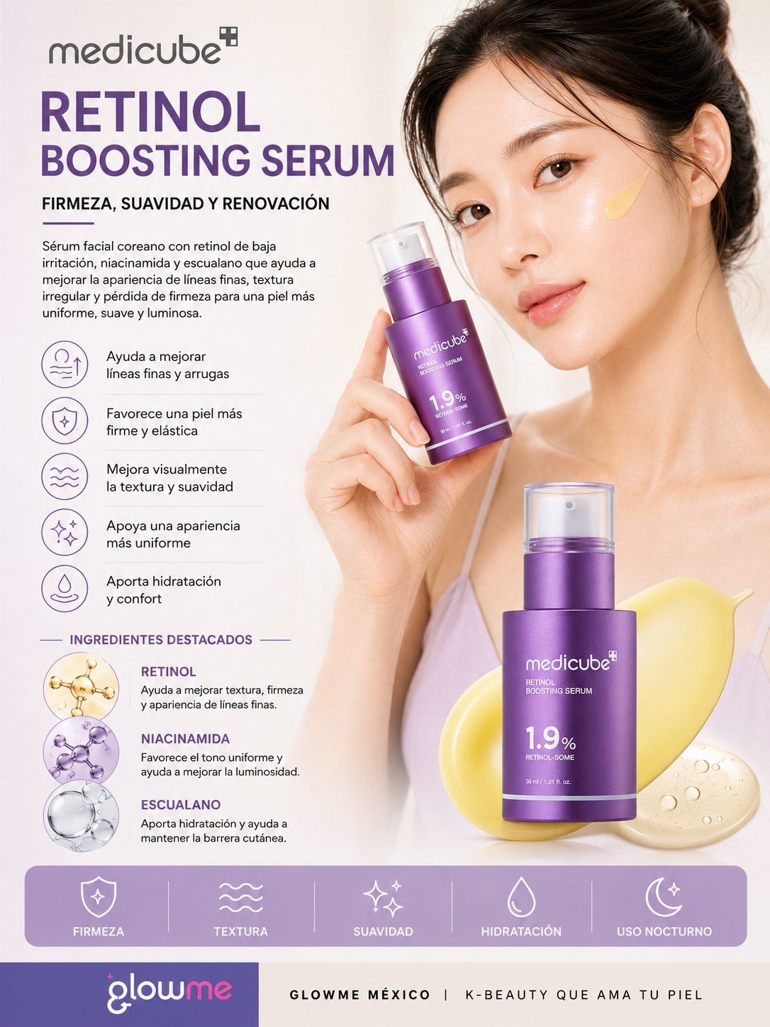 Medicube Retinol NMN Boosting Serum 30 ml con modelo y beneficios de luminosidad y firmeza