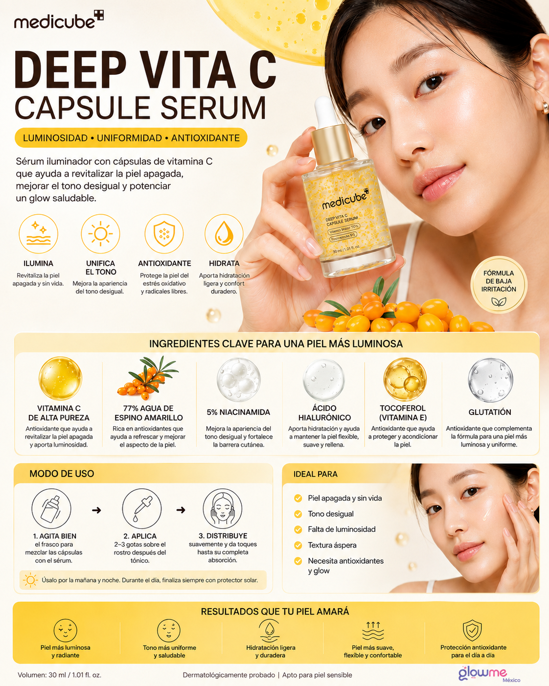 Medicube Deep Vita C Capsule Serum 30 ml con modelo y beneficios de luminosidad y hidratación