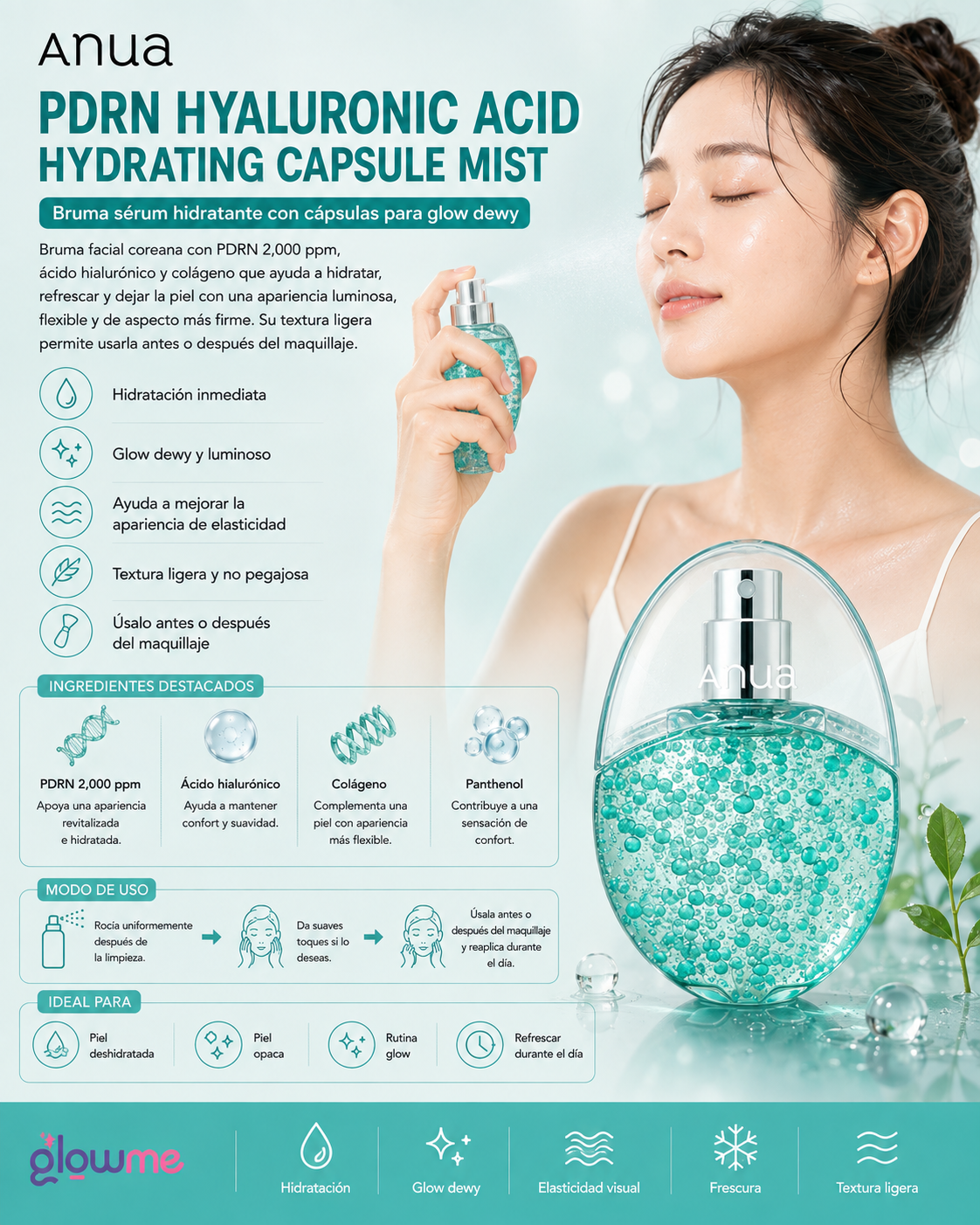 Anua PDRN Hyaluronic Acid Hydrating Capsule Mist 30 ml con modelo y beneficios de luminosidad y hidratación