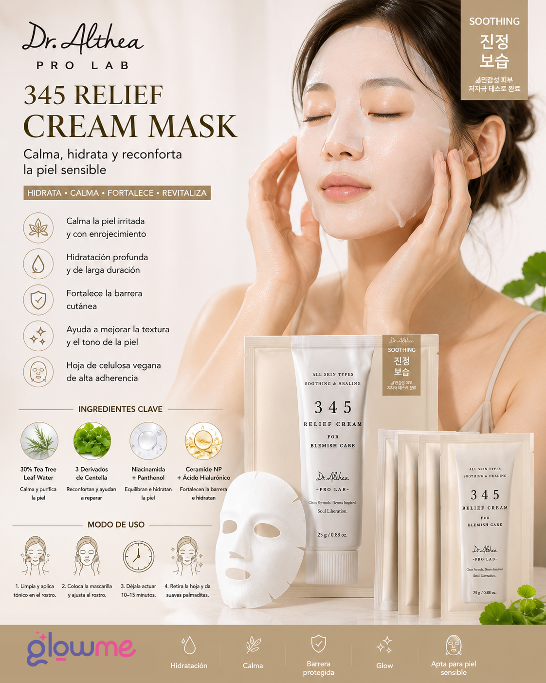 Dr.Althea 345 Relief Cream Mask 4 Piezas con modelo y beneficios de hidratación y calma y confort