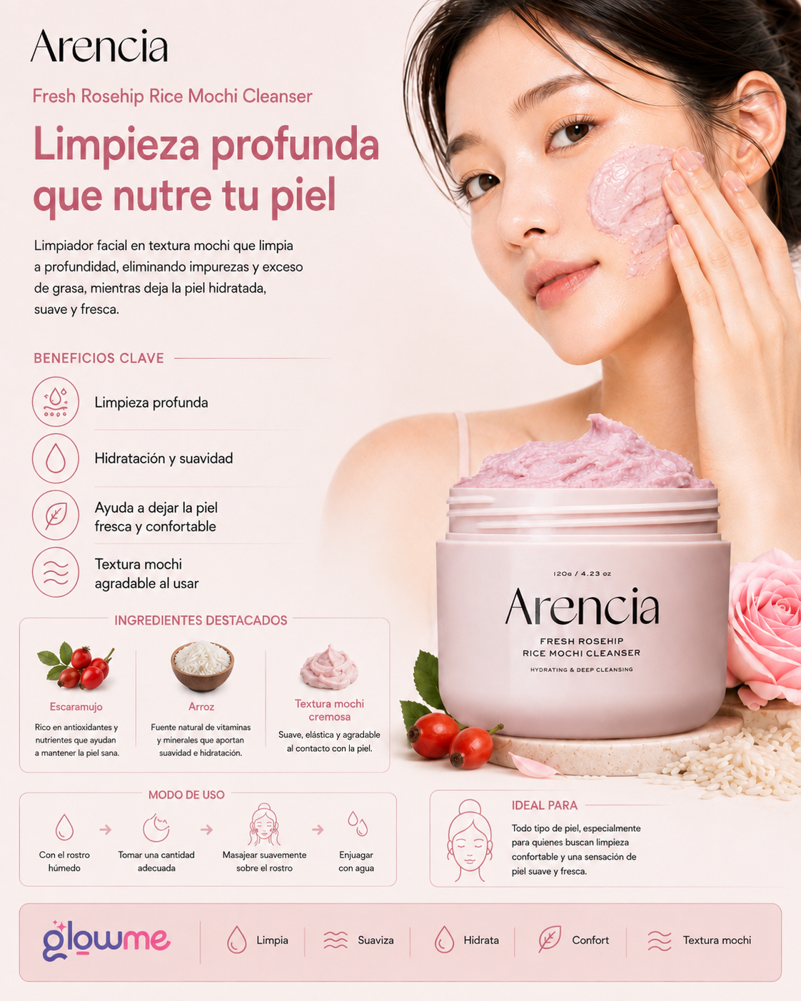 Arencia Fresh Rosehip Rice Mochi Cleanser 120 gr con modelo y beneficios de luminosidad y hidratación
