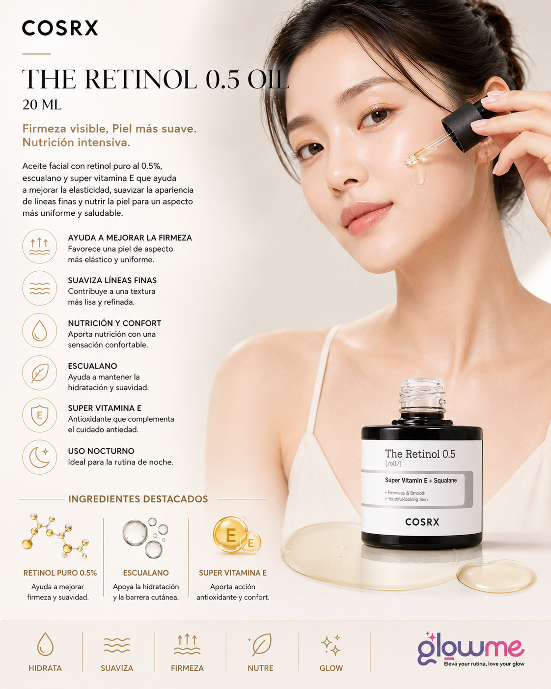 COSRX The Retinol 0.5 Oil 20 ml con modelo y beneficios de luminosidad y firmeza