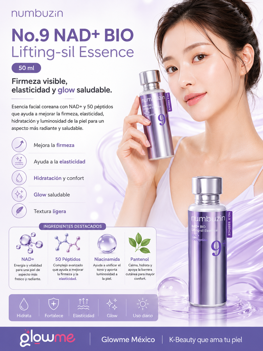 Numbuzin No.9 NAD+ BIO Lifting-sil Essence 50 ml con modelo y beneficios de luminosidad y hidratación