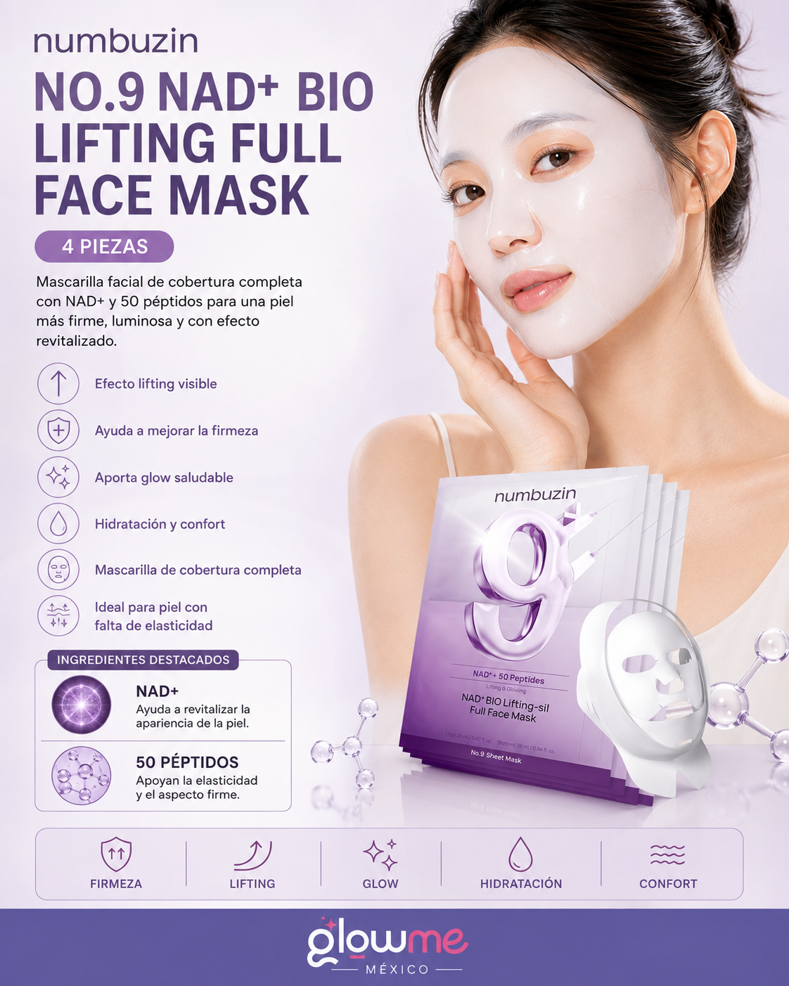Numbuzin No.9 NAD+ BIO Lifting-sil Full Face Mask 4 Piezas con modelo y beneficios de luminosidad y hidratación