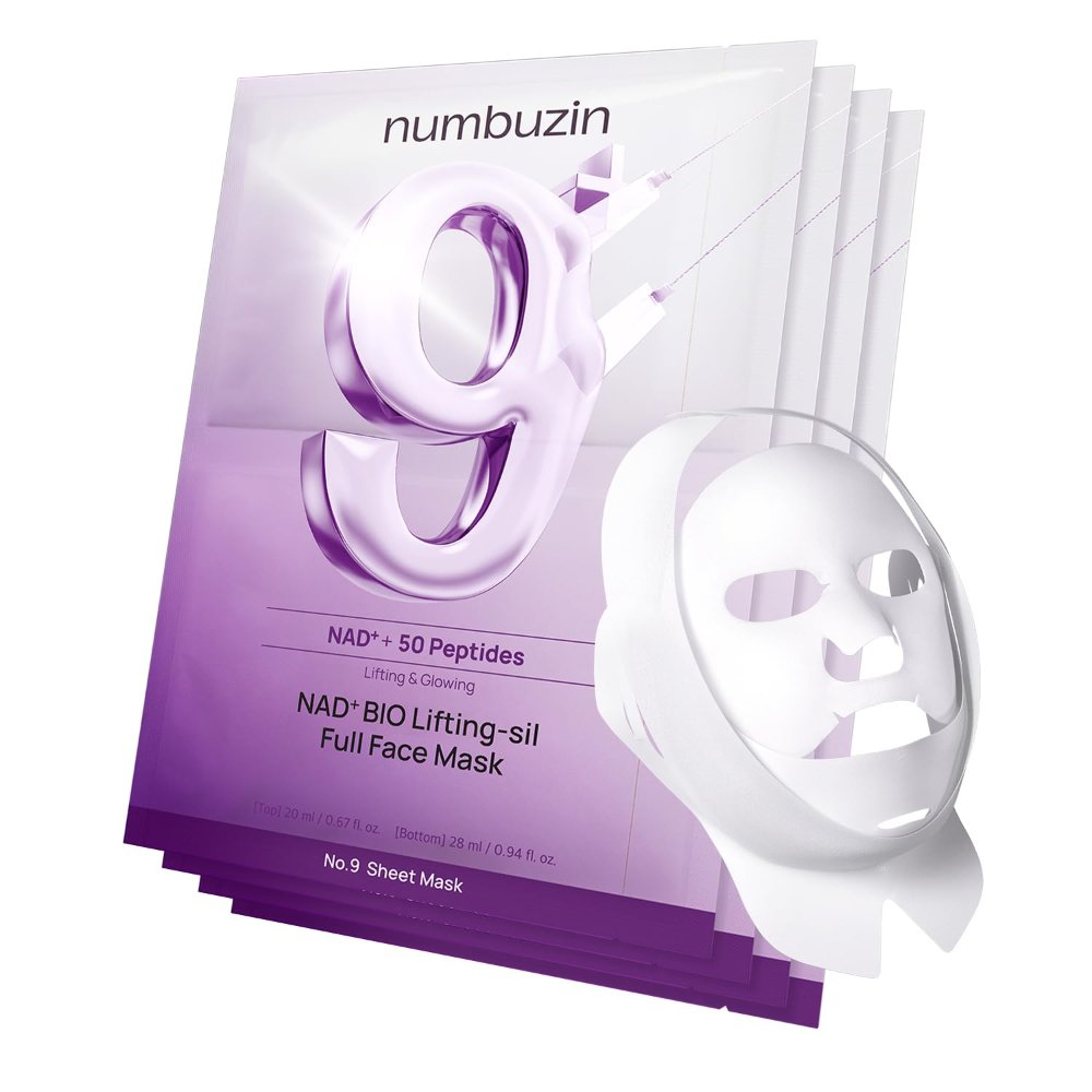 Numbuzin No.9 NAD+ BIO Lifting-sil Full Face Mask 4 Piezas mascarilla facial con péptidos y colágeno para luminosidad y hidratación