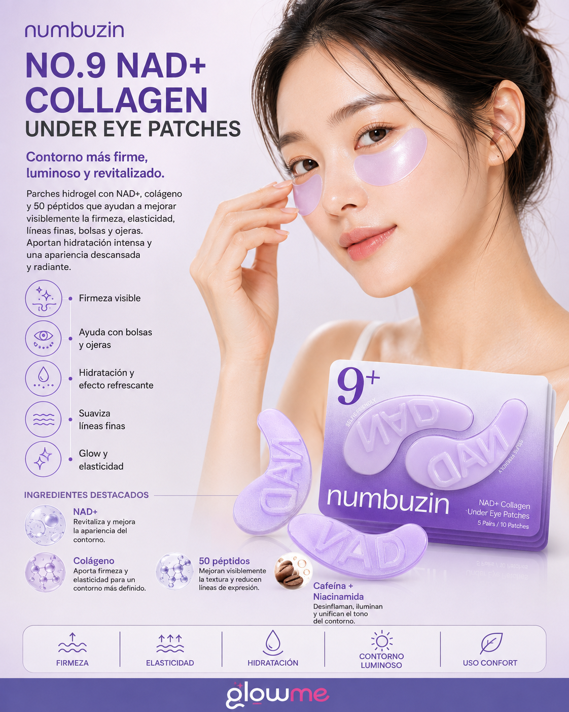 Numbuzin No.9 NAD+ Collagen Under Eye Patches 5 Pares con modelo y beneficios de luminosidad y hidratación