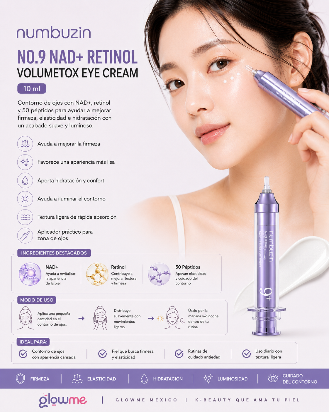 Numbuzin No.9 NAD+ Retinol Volumetox Eye Cream 10 ml con modelo y beneficios de luminosidad y firmeza
