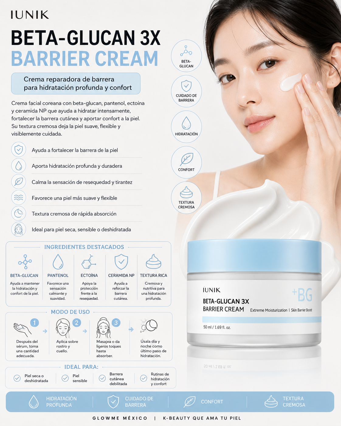 iUNIK Beta Glucan 3X Barrier Cream 50 ml con modelo aplicando crema facial para hidratación profunda y cuidado de la barrera