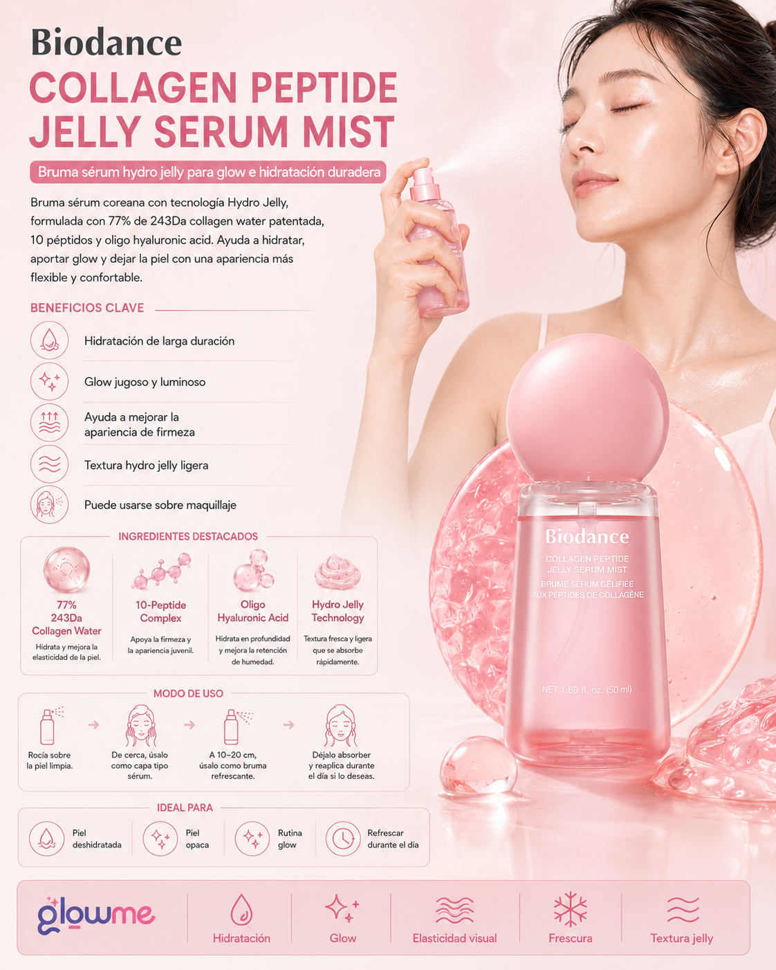 Biodance Collagen Peptide Jelly Serum Mist 50 ml con modelo y beneficios de luminosidad y hidratación