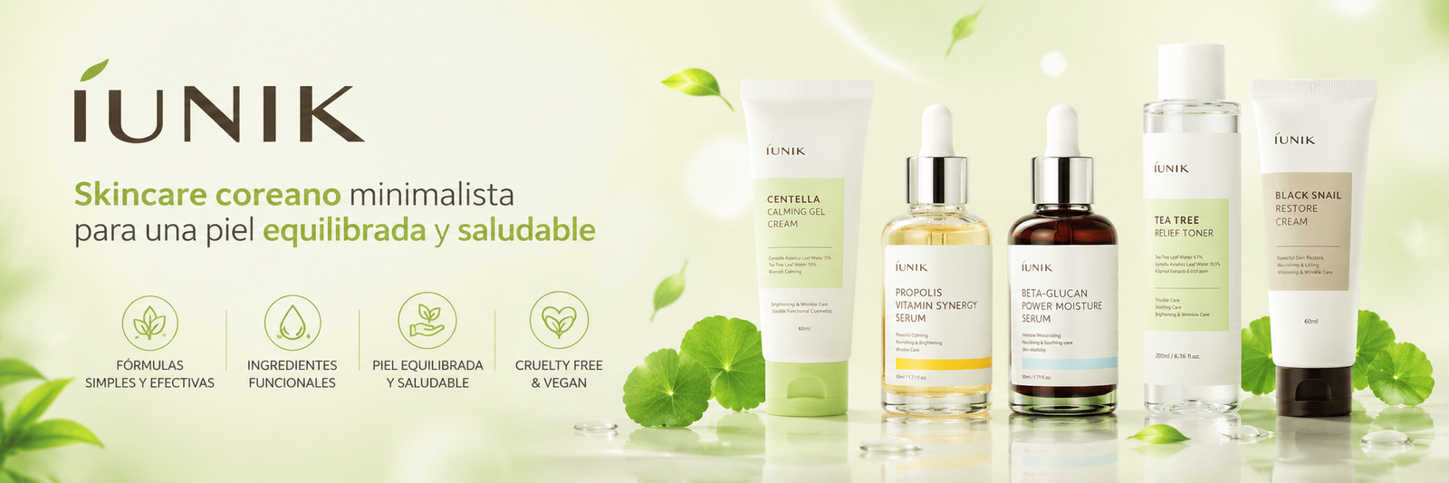 Productos de skincare coreano IUNIK en Glowme México con centella, beta glucano, propóleo, árbol de té y caracol negro